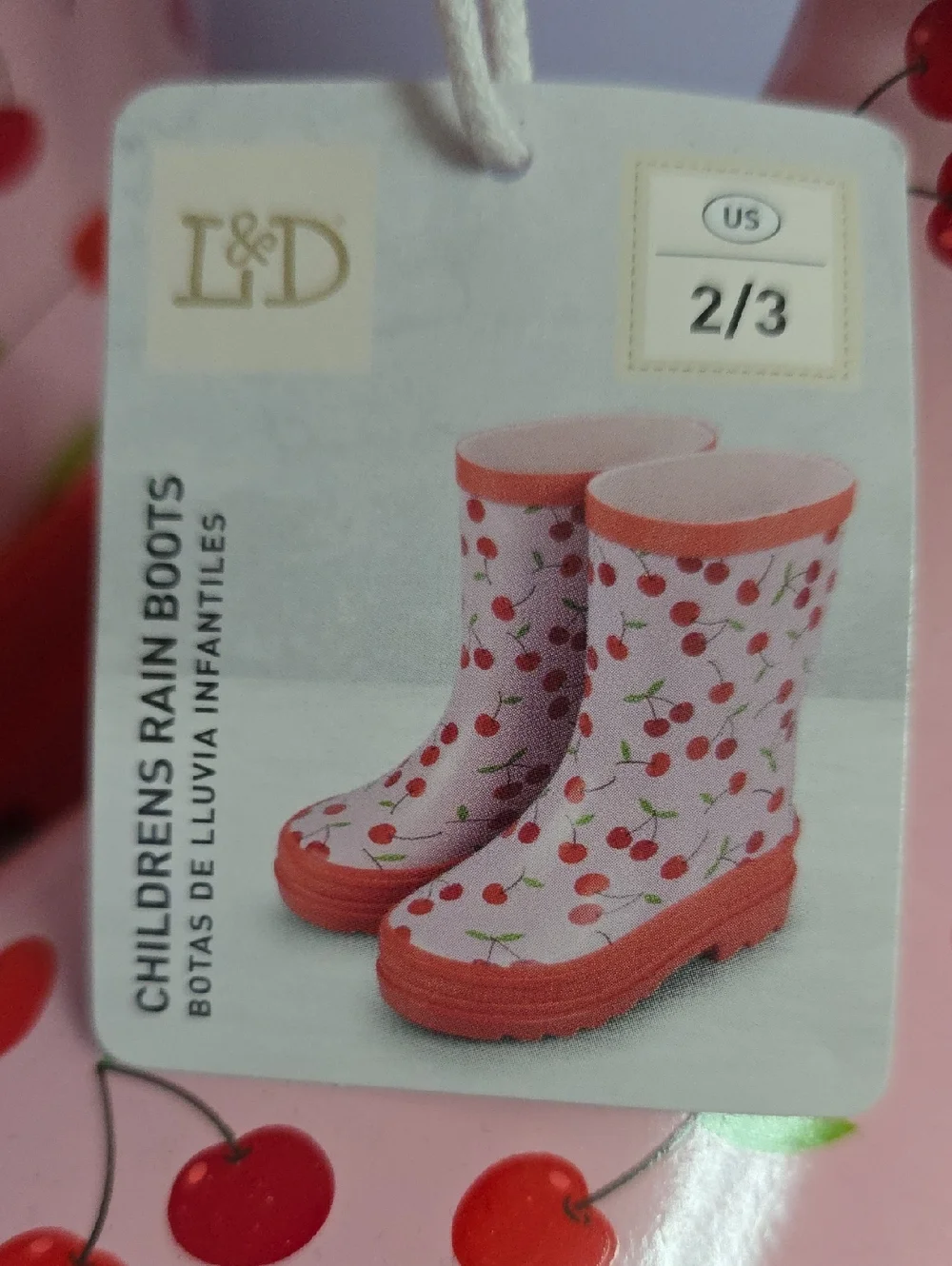 Kids Cherry Print Pink Rain‎ Boots with Red Trim